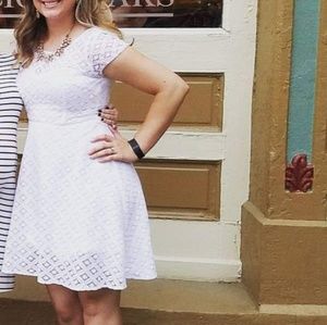 WHBM Cap Sleeve White Lace Overlay Flare Dress